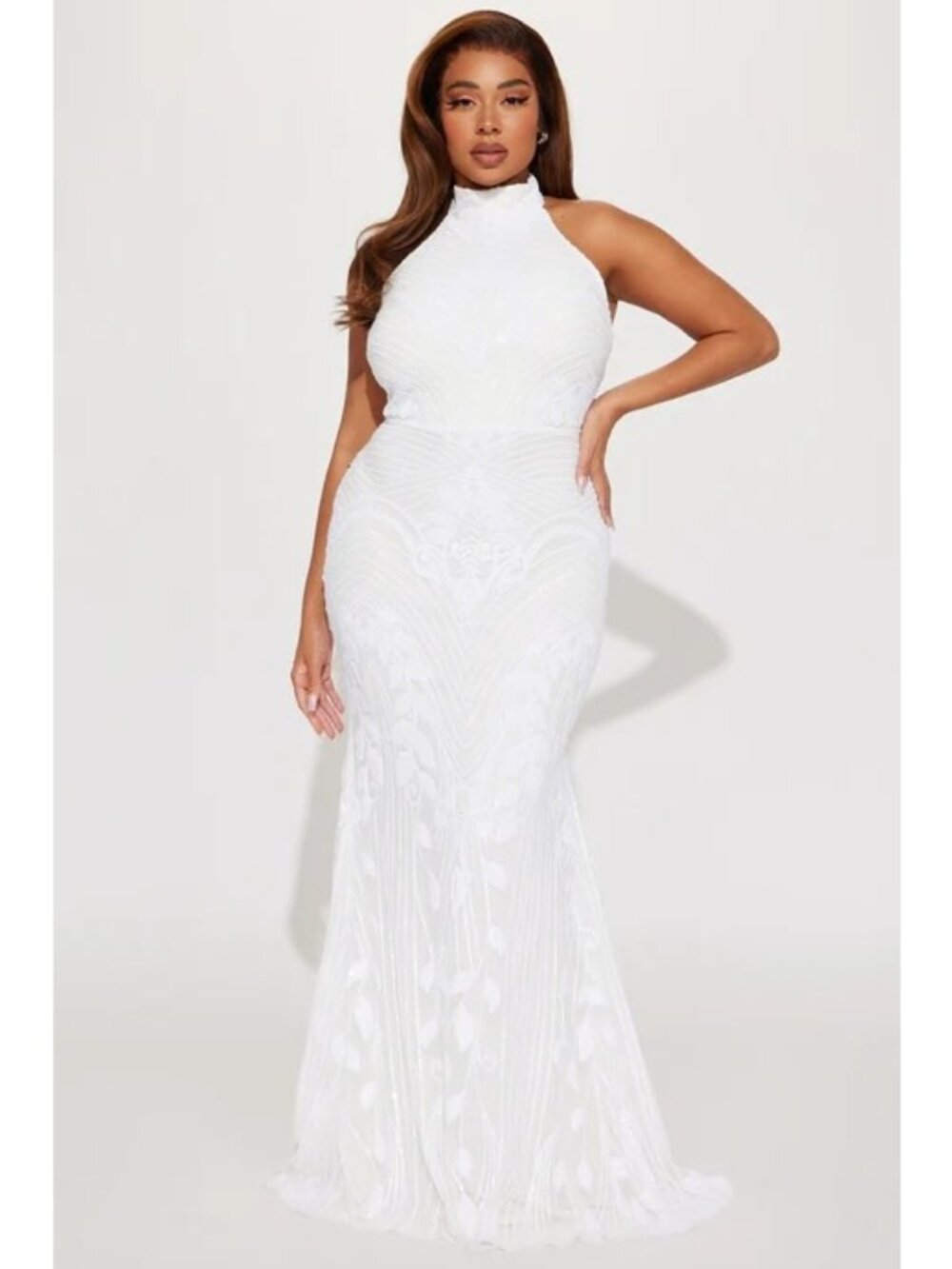 NWT Fashion Nova White Sequin Gown Size M Mock Neck Sleeveless Mermaid Bodycon